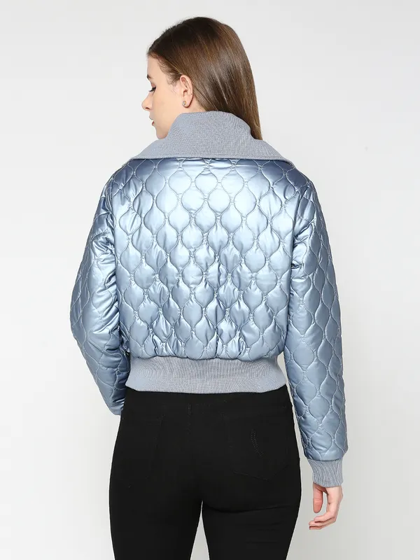 Being Human Semi Fit Crop Bomber Women Collared Jackets-Steel Blue